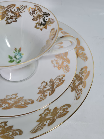 Чайное трио винтажное Bareuther Waldsassen Bavaria с розовыми цветами и золотым декором, фарфор, Германия, 1960-70гг.