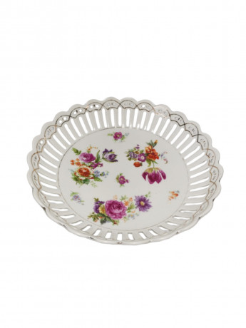 Фруктовница винтажная большая Schumann, вырубной фарфор с мейсенскими букетами и позолотой, ручная роспись, 23 см, Германия, 1970 год.