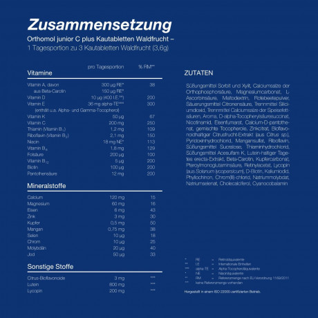 Orthomol junior C plus Kautabletten Waldfrucht, 30st, Ортомол джуниор Витамин С+ с Витамином D и кальцием, жевательные таблетки для иммунитета, здоровья, роста и развития детей с 4-х лет, со вкусом лесных ягод, 30 шт.