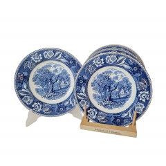 Набор тарелок винтаж Burslem England Woodland, фарфор с пейзажем и растительным декором в синих тонах, 4 шт х 23 x 3,5 см, Англия, 1960-70гг.