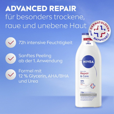 NIVEA Repair & Care Urea Body Lotion, 400 ml, Нивеа Лосьон для тела, 12% глицерин, AHA BHA и мочевина, для очень сухой кожи, 72ч увлажнение, 400 мл