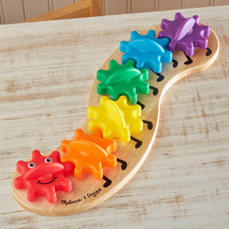 Melissa & Doug Rainbow Caterpillar Gear Toy, Развивающая игрушка шестеренки для детей от 18 месяцев США, 7 деталей, деревянный сортер с вращающимися элементами для моторики и мышления, разноцветный
