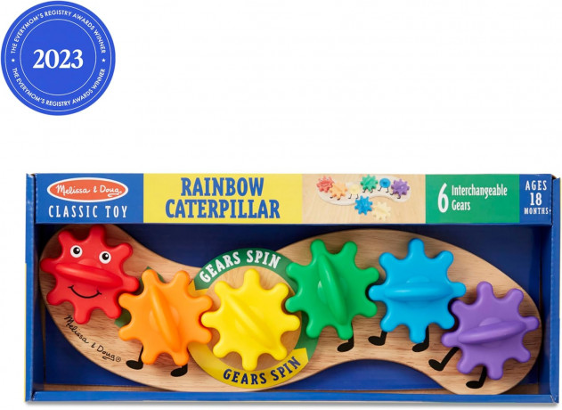 Melissa & Doug Rainbow Caterpillar Gear Toy, Развивающая игрушка шестеренки для детей от 18 месяцев США, 7 деталей, деревянный сортер с вращающимися элементами для моторики и мышления, разноцветный