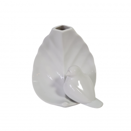 Ваза винтажная Tirschenreuther Bavaria в виде листа и сидящей на нем птички, белый фарфор, 12 x 10 x 14,5 см, Германия, 1960-1970гг.