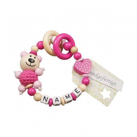 kleinerStorch Greifling mit Name – Madchen Beissring personalisiert – Holz Rassel Bar  Herz pink Игрушка-клатч с именем