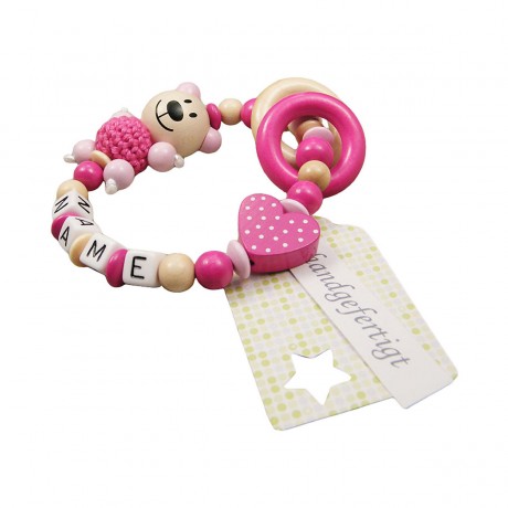 kleinerStorch Greifling mit Name – Madchen Beissring personalisiert – Holz Rassel Bar  Herz pink Игрушка-клатч с именем