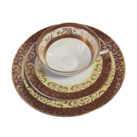 Чайное трио винтажное Winterling Markleuthen Bavaria в коричнево-желтых тонах с золотым декором, фарфор, Германия, 1960-70гг.