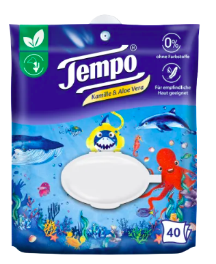Tempo Feuchtes Toilettenpapier Sanft & Sensitiv Komfortbeutel, 40 St, Темпо Влажная туалетная бумага для нежной и чувствительной кожи, 40 шт.