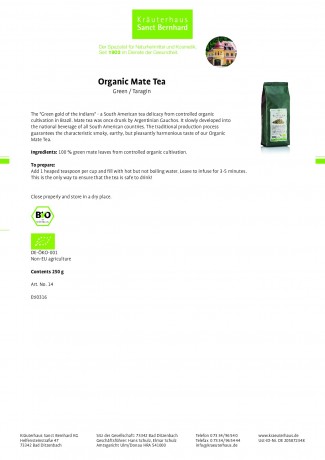 Krauterhaus Sanct Bernhardt Organic Mate Tea Green / Taragin, 250 г