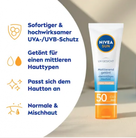 NIVEA SUN Sonnenfluid Gesicht mattierend & hell getönt LSF 50, 50 ml, Матирующий и слегка тонирующий солнцезащитный флюид для лица SPF 50, 50 мл