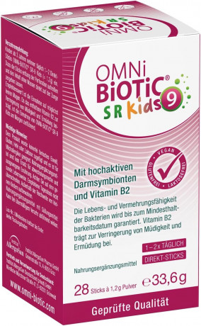 OMNi BiOTiC SR-9 Kids 28st x 2packs, Пробиотик для детей 3+, 9 штаммов бактерий + витамин B2 Поддержка кишечника и нервной системы, персиковый вкус, 28 стиков x 2уп