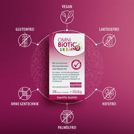 OMNi BiOTiC SR-9 Kids 28st x 2packs, Пробиотик для детей 3+, 9 штаммов бактерий + витамин B2 Поддержка кишечника и нервной системы, персиковый вкус, 28 стиков x 2уп