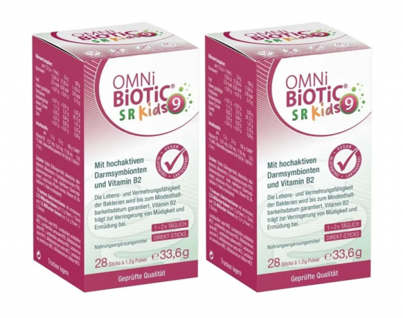 OMNi BiOTiC SR-9 Kids 28st x 2packs, Пробиотик для детей 3+, 9 штаммов бактерий + витамин B2 Поддержка кишечника и нервной системы, персиковый вкус, 28 стиков x 2уп