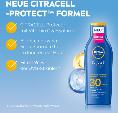 NIVEA SUN Schutz & Pflege Sonnenlotion LSF 30, 200 ml, Нивеа Солнцезащитный лосьон SPF 30, CitraCell Protect, витамин C и гиалурон, водостойкий, 200 мл