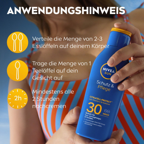 NIVEA SUN Schutz & Pflege Sonnenlotion LSF 30, 200 ml, Нивеа Солнцезащитный лосьон SPF 30, CitraCell Protect, витамин C и гиалурон, водостойкий, 200 мл
