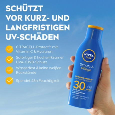 NIVEA SUN Schutz & Pflege Sonnenlotion LSF 30, 200 ml, Нивеа Солнцезащитный лосьон SPF 30, CitraCell Protect, витамин C и гиалурон, водостойкий, 200 мл