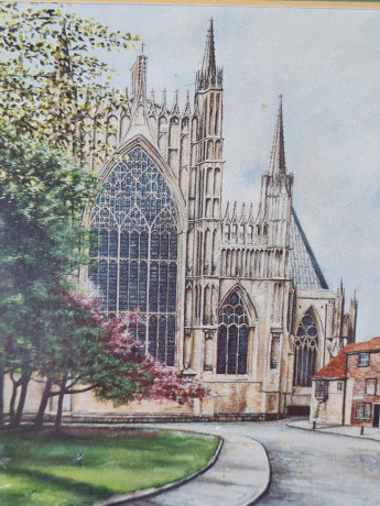 Картина винтажная "Йоркский собор из колледжа Св. Уилламса" М.Дж. Брейтуэйт, 24,5 x 18,5 см, Германия, 1960-70гг.