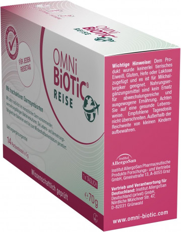 OMNi-BiOTiC Reise 14st x 5g, Пробиотик для кишечника в путешествиях, 5 млрд бактерий, поддержка кишечника и ЖКТ при смене питания, воды и климата, 14 саше х 5г