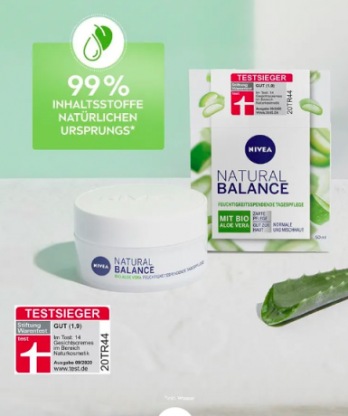 NIVEA Tagescreme Natural Balance feuchtigkeitsspendend, Нивеа Крем для лица увлажняющий с  органическим алоэ вера, маслами жожоба и миндаля, 50 мл