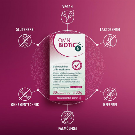 OMNI-BIOTIC 6 120g, Пробиотик для кишечника и микрофлоры, от вздутия и дискомфорта, 6 штаммов бактерий, 1 млрд КОЕ в порции, без лактозы и глютена 120г (60 порций)