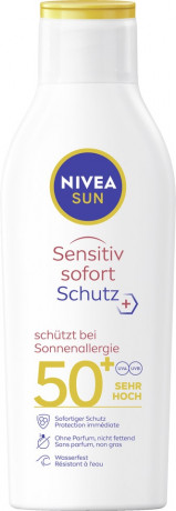 NIVEA SUN Sonnenlotion Allergie LSF 50+, 200 ml, Нивеа Солнцезащитный лосьон SPF 50+, для чувствительной кожи, Bio Aloe Vera, без парфюма, водостойкий, 200 мл