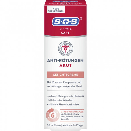 SOS Derma Care Anti-Rotungen Gesichtscreme Akut, 50 ml, SOS Derma Care Крем для лица против покраснений, с экстрактом красных водорослей SILIDINE, при розацеа и куперозе, 50 мл