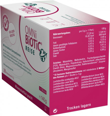 OMNi-BiOTiC Reise 28st x 5g, Пробиотик для кишечника в путешествиях, 5 млрд бактерий, поддержка кишечника и ЖКТ при смене питания, воды и климата, 28 саше х 5г