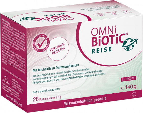 OMNi-BiOTiC Reise 28st x 5g, Пробиотик для кишечника в путешествиях, 5 млрд бактерий, поддержка кишечника и ЖКТ при смене питания, воды и климата, 28 саше х 5г