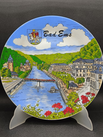 Тарелка декоративная винтажная "Бад-Эмс", сувенирная, фарфор, 24.5 см, Германия, 1980-90гг.