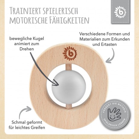 bieco Beissring Holz Natur Zahnungshilfe mit Silikon Kugeln Baby Greifling 7cm Beissringe Кольцо для прорезывания зубов