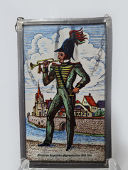 Винтажный витраж "Офицер, 1843 год", стекло, 15,5см x 9,5см, Германия, 1960-70гг.
