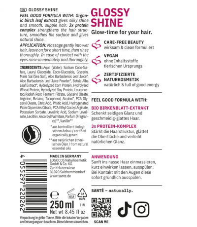 SANTE NATURKOSMETIK Shampoo Glossy Shine,  Шампунь Глянцевый блеск с органическим экстрактом листьев березы и тройным протеиновым комплексом, 250 мл
