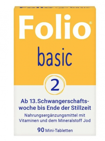 Folio Basic 2, 90st x 2packs, Фолиевая кислота витамины для беременных с 13 недели и при грудном вскармливании, с йодом, витамин D3 и B12, 90 таблеток x 2 упаковки