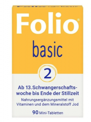 Folio Basic 2, 90st x 2packs, Фолиевая кислота витамины для беременных с 13 недели и при грудном вскармливании, с йодом, витамин D3 и B12, 90 таблеток x 2 упаковки