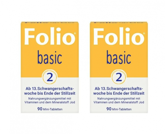 Folio Basic 2, 90st x 2packs, Фолиевая кислота витамины для беременных с 13 недели и при грудном вскармливании, с йодом, витамин D3 и B12, 90 таблеток x 2 упаковки
