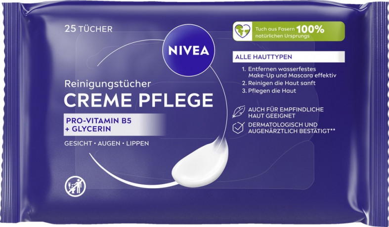 NIVEA 3in1 Creme Pflege Reinigungstucher, 25 Stuck, Нивеа Очищающие салфетки 3 в 1, провитамин B5 и витамин E, снятие макияжа, 25 шт