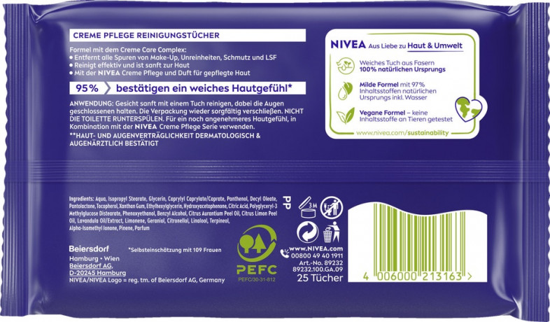 NIVEA 3in1 Creme Pflege Reinigungstucher, 25 Stuck, Нивеа Очищающие салфетки 3 в 1, провитамин B5 и витамин E, снятие макияжа, 25 шт