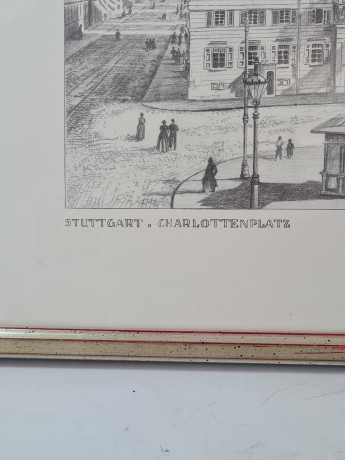 Картина в раме винтажная в черно-белых тонах "Шарлоттенплац" Brukner Stuttgart, 31,5 x 42 см, Германия, 1960-70гг.