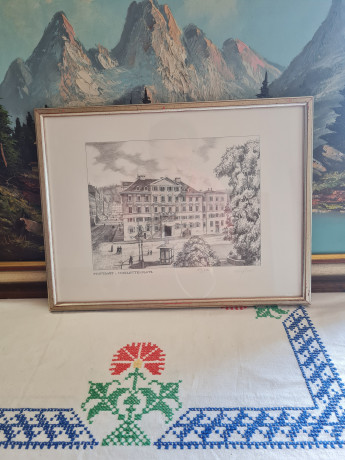 Картина в раме винтажная в черно-белых тонах "Шарлоттенплац" Brukner Stuttgart, 31,5 x 42 см, Германия, 1960-70гг.