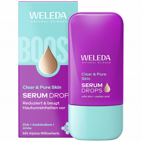 WELEDA Clear & Pure Skin Serum Booster Drops, 30 ml, Очищающие капли-сыворотка Clear & Pure с цинком PCA, азелаиновой кислотой и AHA без отдушки, 30 мл