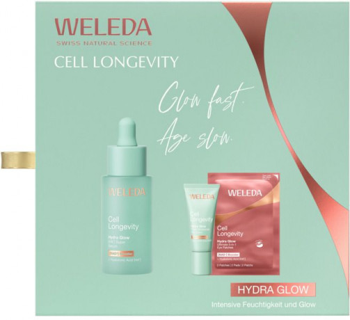 WELEDA Cell Longevity Hydra Glow Geschenkpackung, 30 ml + 20 ml + 1 Paar Augenpads, Подарочный набор Hydra Glow: сыворотка HA7 30 мл, гель-крем 20 мл и одна пара патчей для глаз