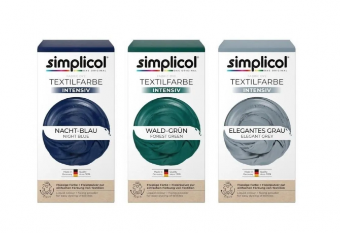 Simplicol Intensive SET Nacht-Blau+Wald-Grun+Elegant Grey, Набор красок 3 уп Simplicol: Краска для ткани синяя Nacht-Blau, зелёная Wald-Grun и серая Elegant Grey интенсивная, жидкая, для стиральной машины, 450 мл + фиксатор 1200 г