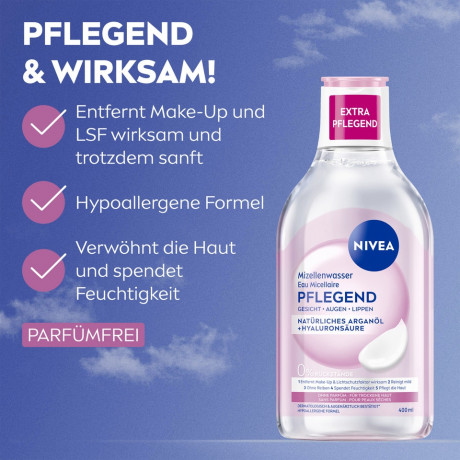 NIVEA Mizellenwasser Pflegend, 400 ml, Нивеа Мицеллярная вода ухаживающая, аргановое масло и гиалурон, для сухой кожи, 400 мл