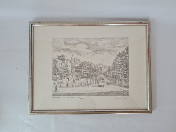 Картина в раме винтажная в черно-белых тонах "Бопсер" Brukner Stuttgart, 31,5 x 42 см, Германия, 1960-70гг.