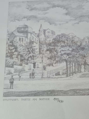 Картина в раме винтажная в черно-белых тонах "Бопсер" Brukner Stuttgart, 31,5 x 42 см, Германия, 1960-70гг.