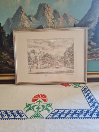 Картина в раме винтажная в черно-белых тонах "Бопсер" Brukner Stuttgart, 31,5 x 42 см, Германия, 1960-70гг.