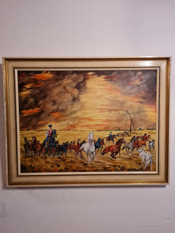 Картина винтажная J.Horeny "Пастухи и лошади", большой формат, в раме, масло, 92.5 х 73 см, Германия, 1980-90гг.
