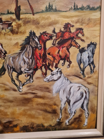 Картина винтажная J.Horeny "Пастухи и лошади", большой формат, в раме, масло, 92.5 х 73 см, Германия, 1980-90гг.