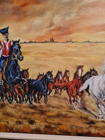 Картина винтажная J.Horeny "Пастухи и лошади", большой формат, в раме, масло, 92.5 х 73 см, Германия, 1980-90гг.