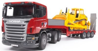 Bruder BRUDER 03555  Scania Tieflader mit CAT-Bulldozer BRUDER 03555 Низкорамная платформа Scania с бульдозером CAT